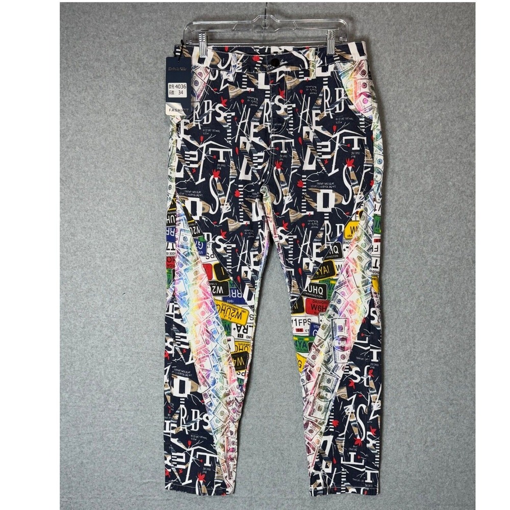 Fashion Pants Men's 34 Multicolor‎ Graphic Print Pockets Zip Fly Streetwear